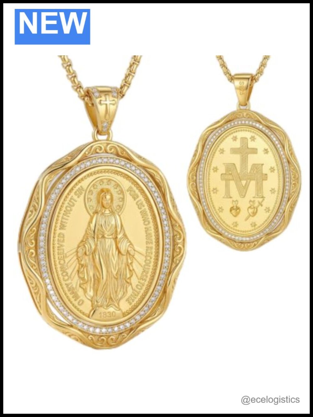 925 Sterling Silver Virgin Mary Necklace Gold Plated Miraculous Medal Pendant